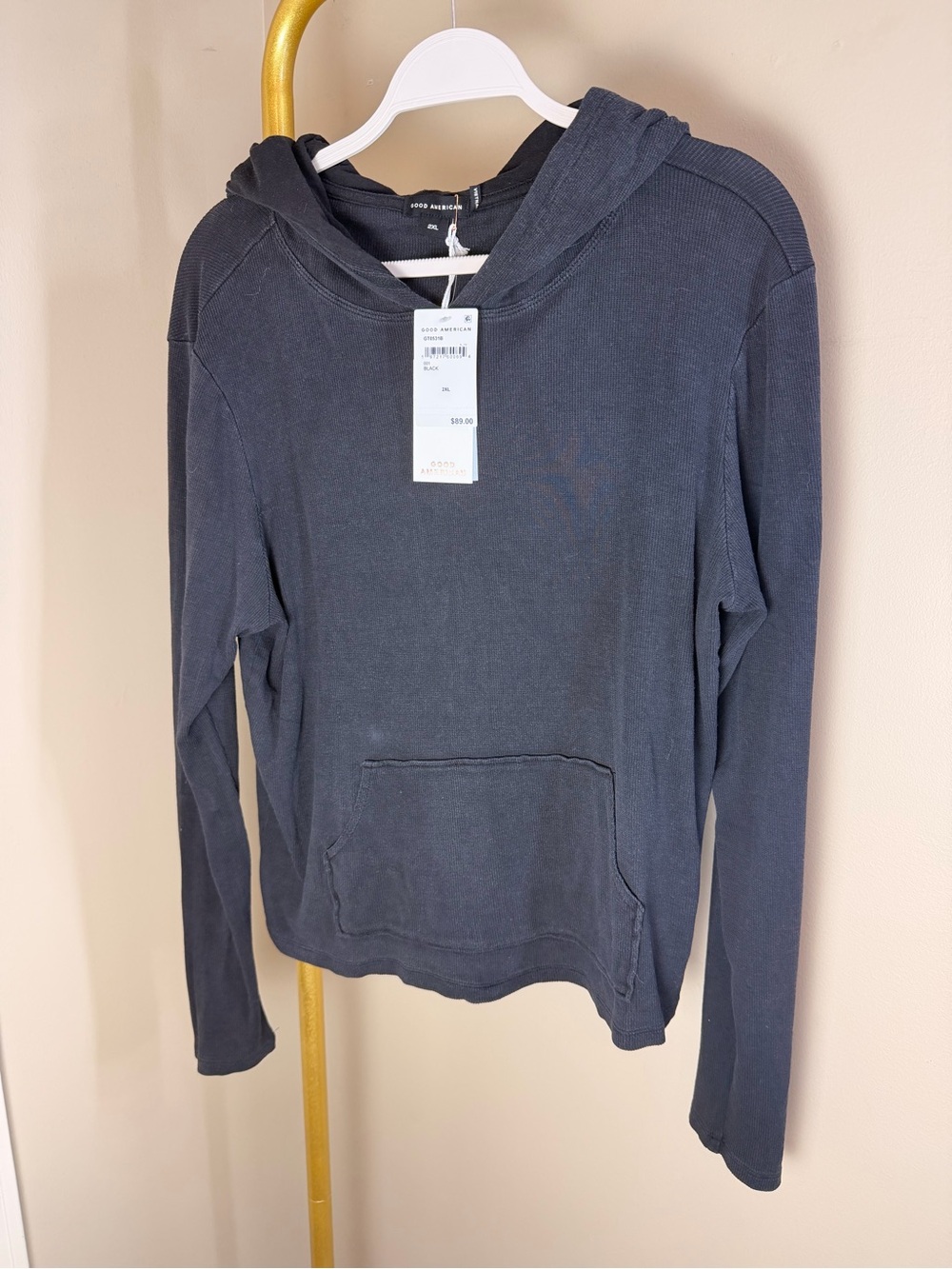 NWT Good American Black Thermal Hoodie Pullover 2XL Ribbed Kangaroo Pocket